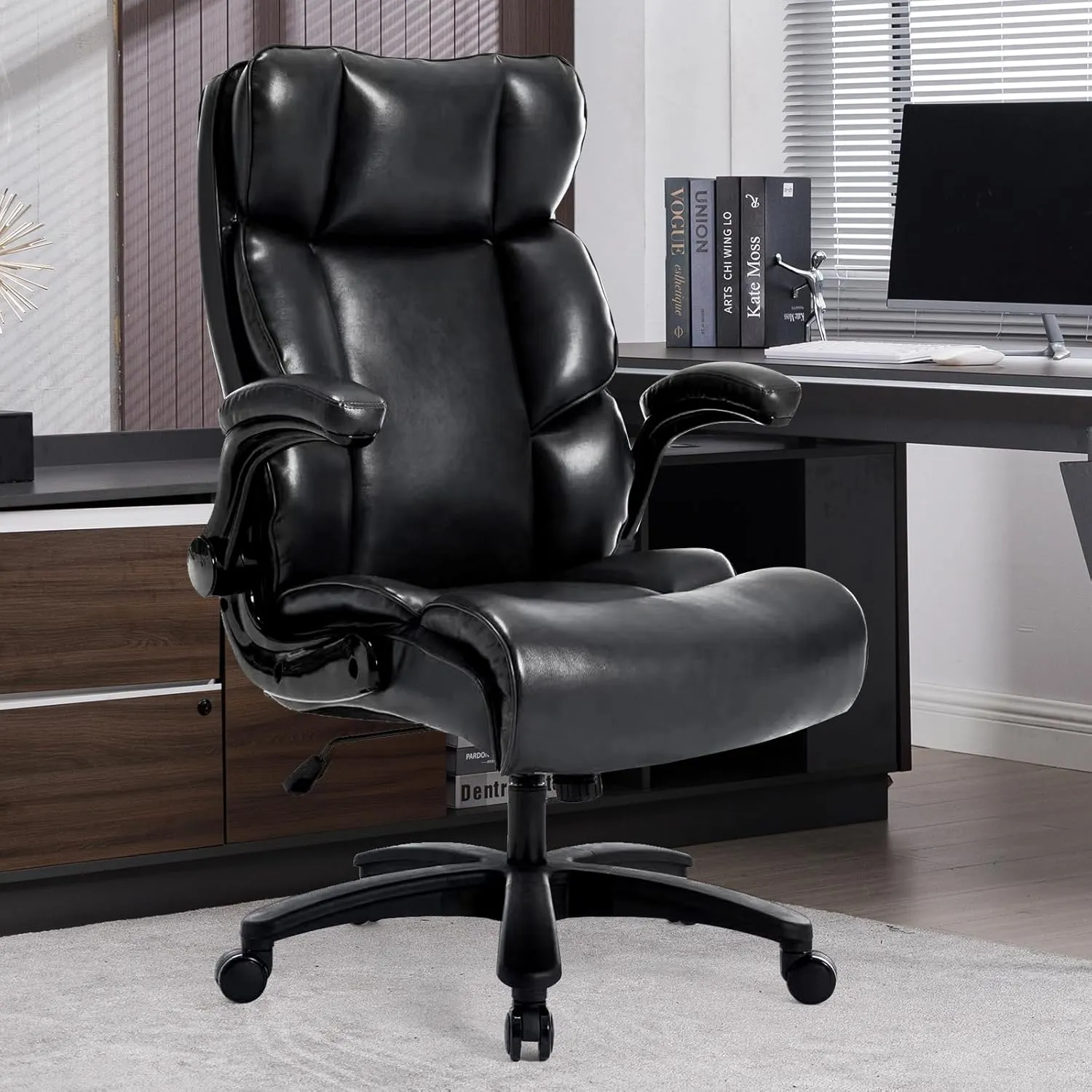 Big and Tall Office Chair 500lbs Wide Seat Executive Office Desk Chair High-Back Office Task Chair with Flip-Up Armrest, Ergonomic Lumbar Support Computer Office Chairs for Heavy People(Black)