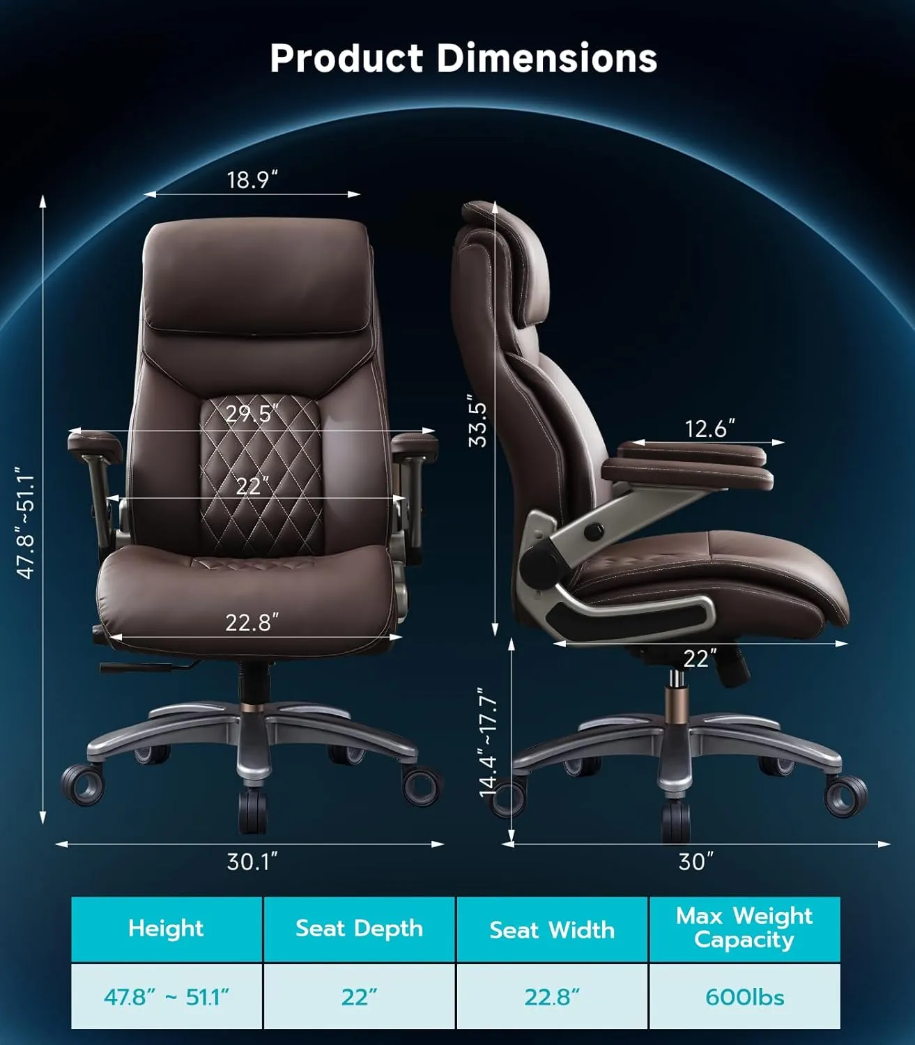 Big and Tall Office Chair with 5D Flip Arms, 600LBS PU Leather Executive Chair, Adjustable Lumbar Support 3'' Double Space Wheel, Managerial Heavy Duty Home Desk Office Chair