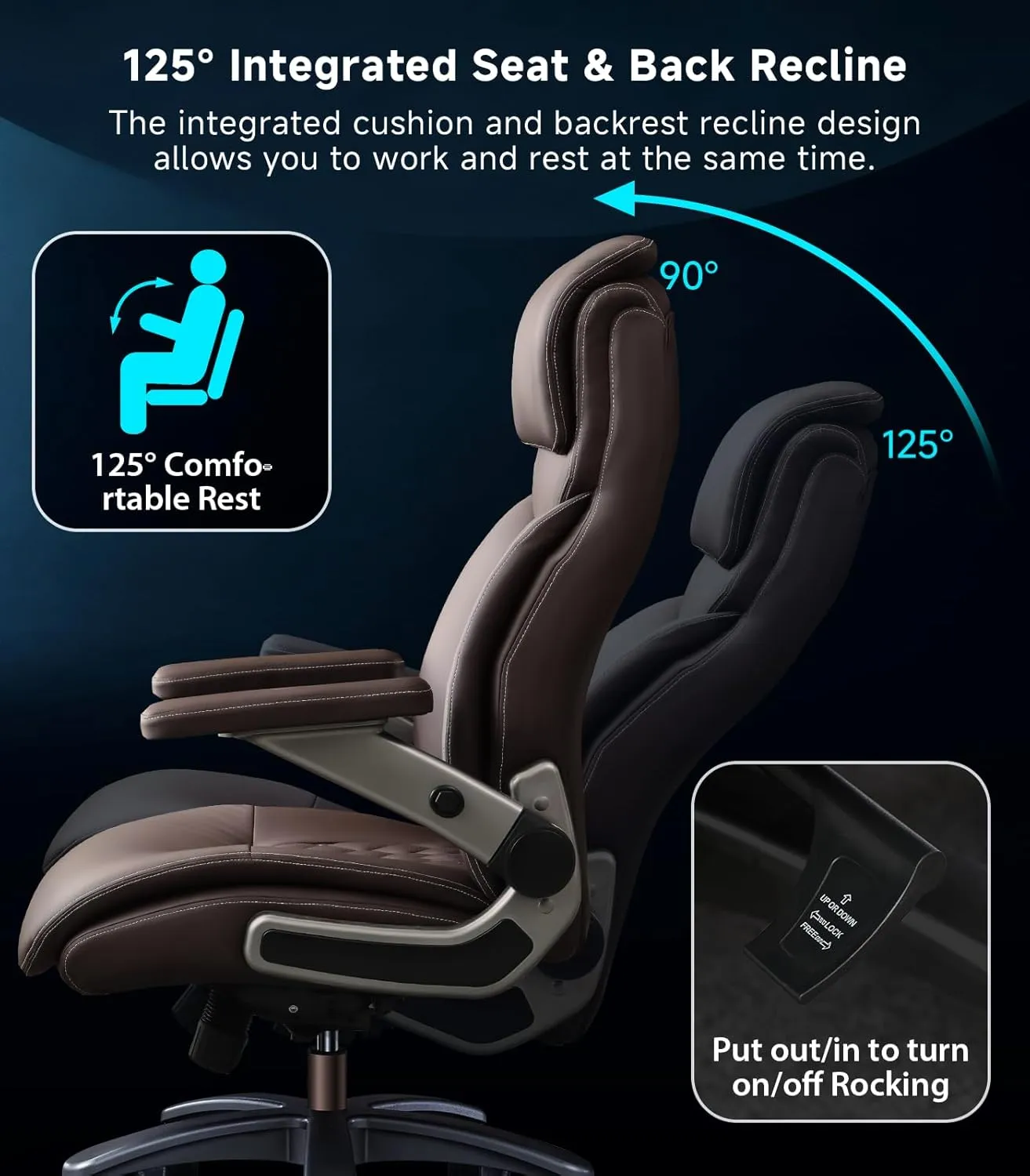 Big and Tall Office Chair with 5D Flip Arms, 600LBS PU Leather Executive Chair, Adjustable Lumbar Support 3'' Double Space Wheel, Managerial Heavy Duty Home Desk Office Chair