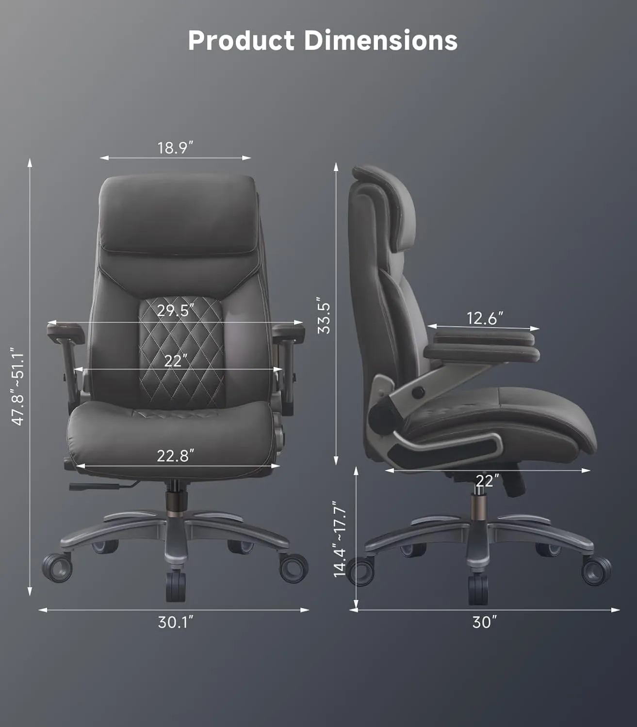 Big and Tall Office Chair with 5D Flip Arms, PU Leather Executive Chair, Managerial Home Desk Chair, Heavy Duty High Back Office Chair