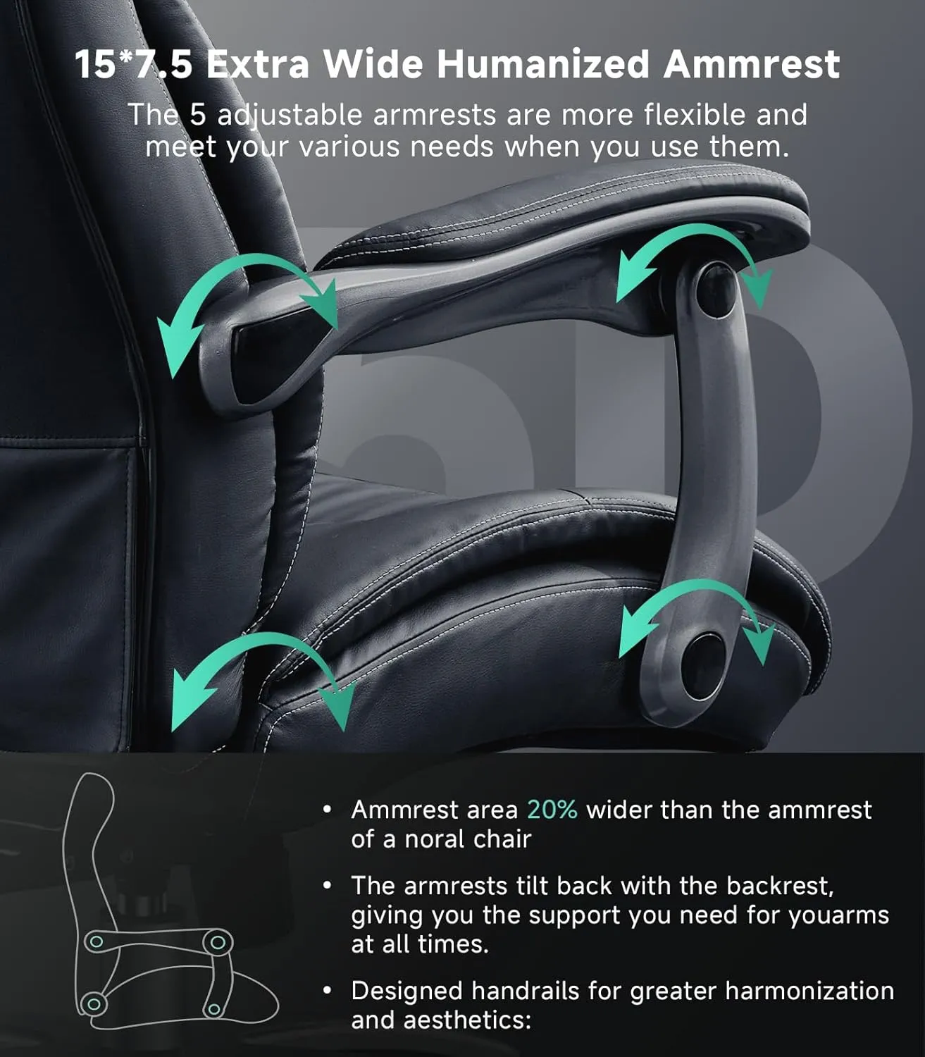 Big and Tall Office Chair with Wide Area Armrest, 600LBS PU Leather Executive Chair, Adjustable Lumbar Support 3'' Double Space Wheel, Managerial Home Desk Heavy Duty Office Chair (Black-A)