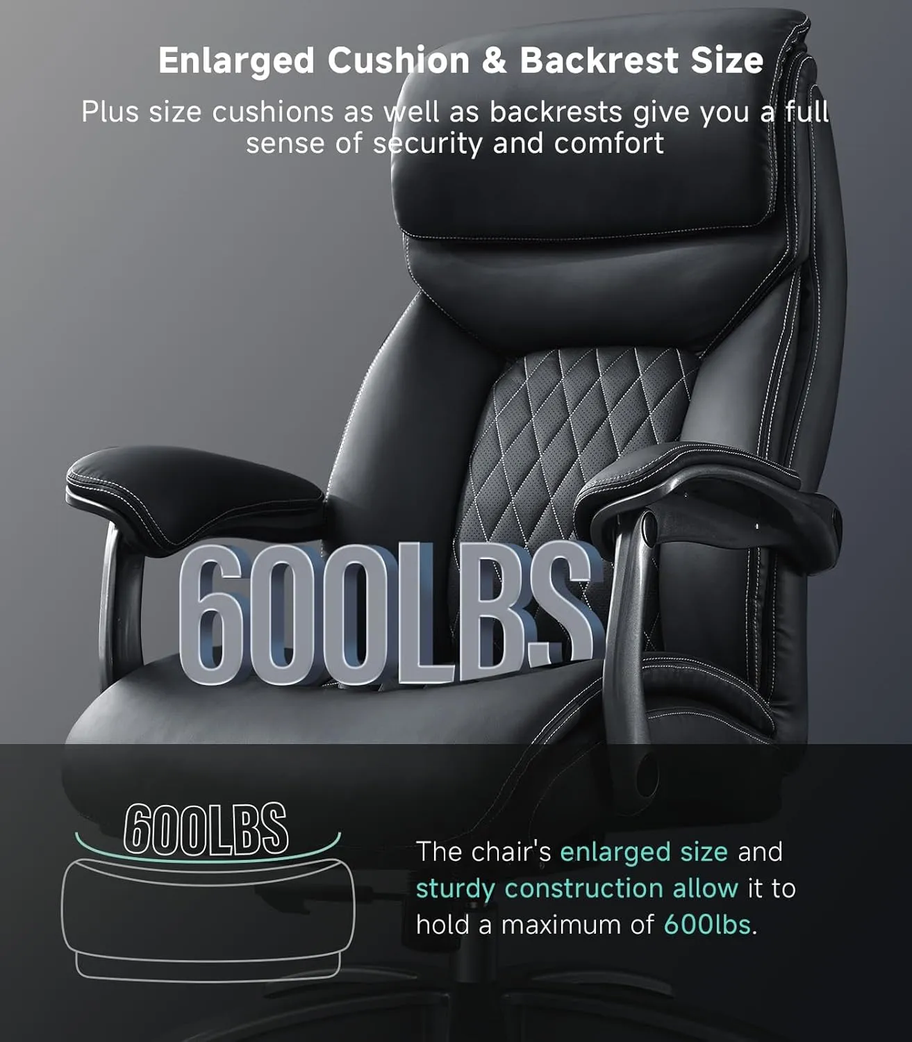 Big and Tall Office Chair with Wide Area Armrest, 600LBS PU Leather Executive Chair, Adjustable Lumbar Support 3'' Double Space Wheel, Managerial Home Desk Heavy Duty Office Chair (Black-A)