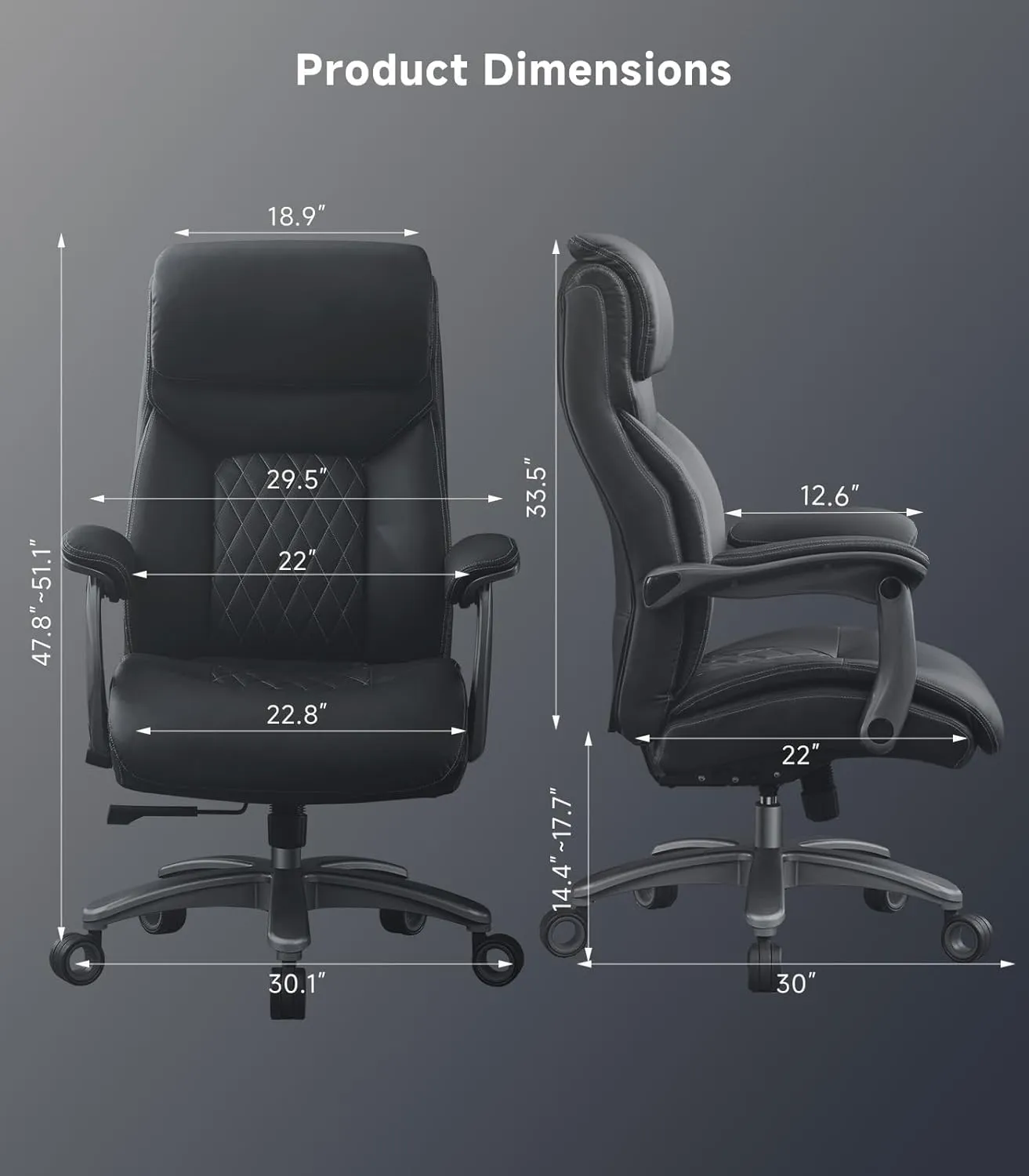 Big and Tall Office Chair with Wide Area Armrest, 600LBS PU Leather Executive Chair, Adjustable Lumbar Support 3'' Double Space Wheel, Managerial Home Desk Heavy Duty Office Chair (Black-A)