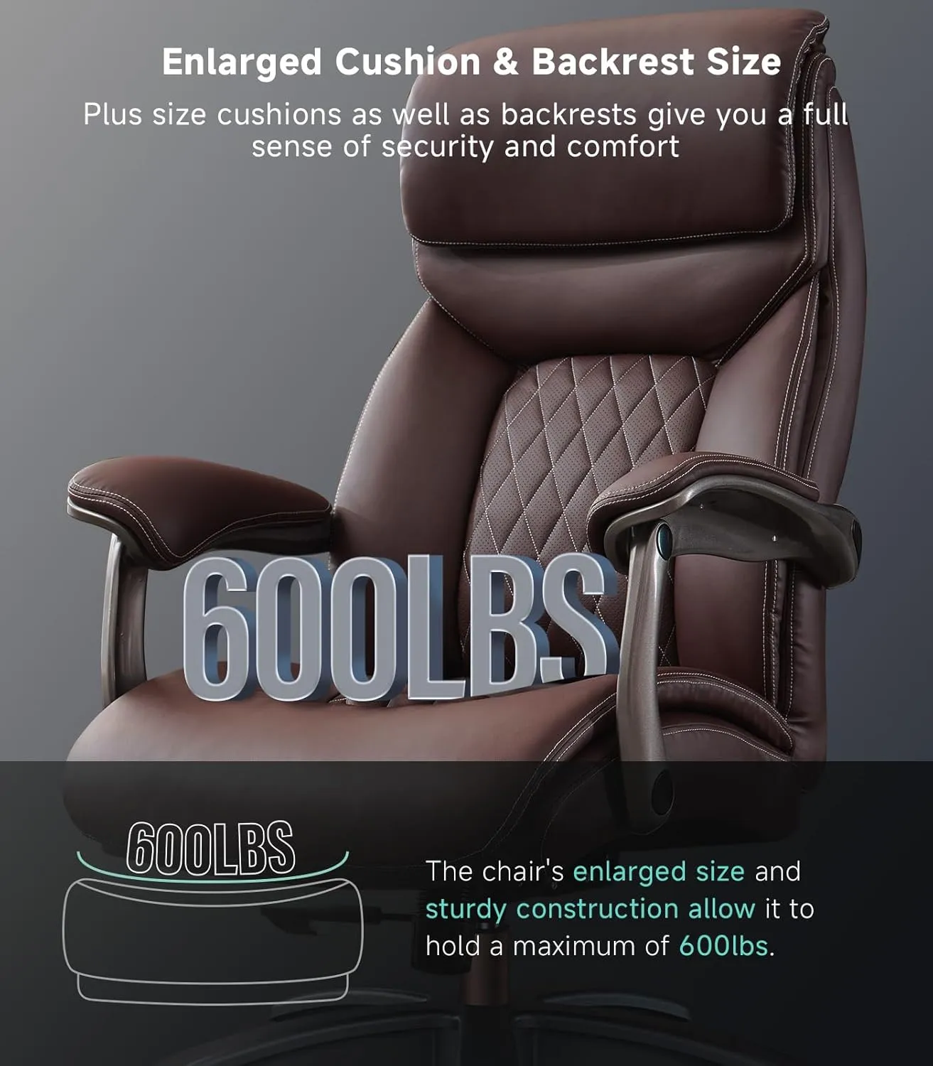 Big and Tall Office Chair with Wide Area Armrest, 600LBS PU Leather Executive Chair, Adjustable Lumbar Support 3'' Double Space Wheel, Managerial Home Desk Heavy Duty Office Chair