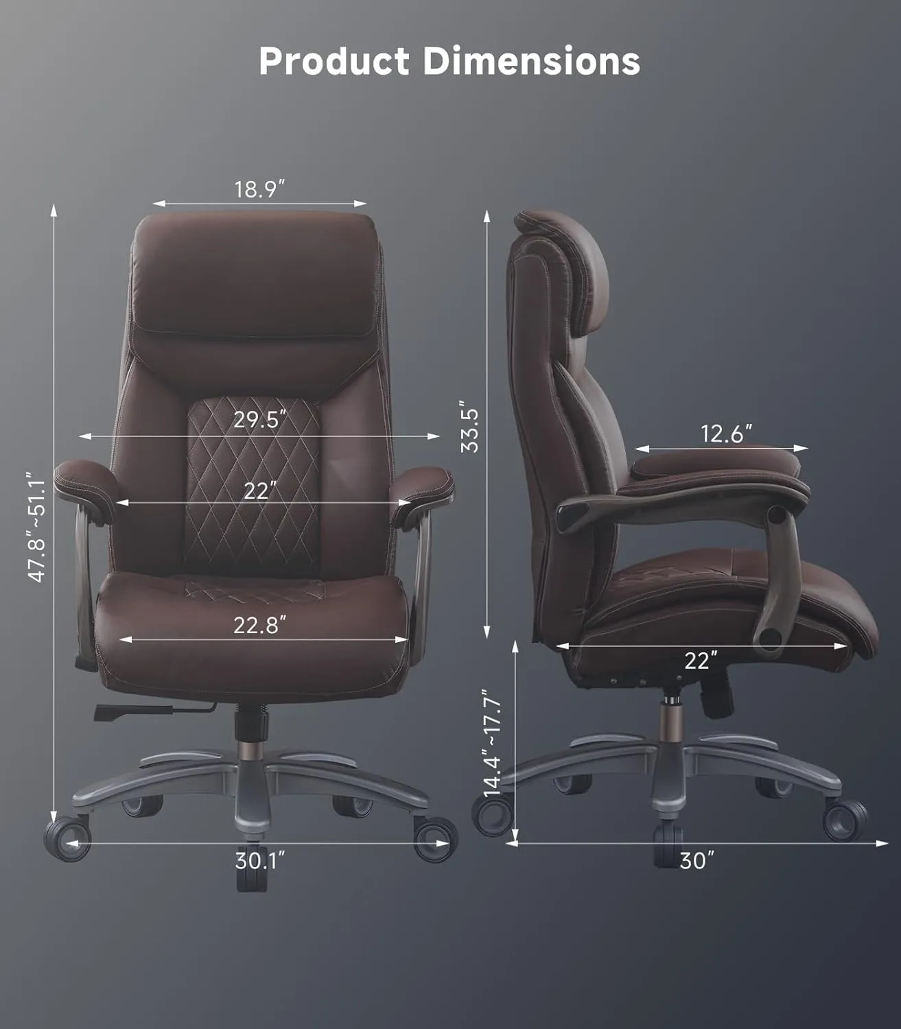 Big and Tall Office Chair with Wide Area Armrest, 600LBS PU Leather Executive Chair, Adjustable Lumbar Support 3'' Double Space Wheel, Managerial Home Desk Heavy Duty Office Chair