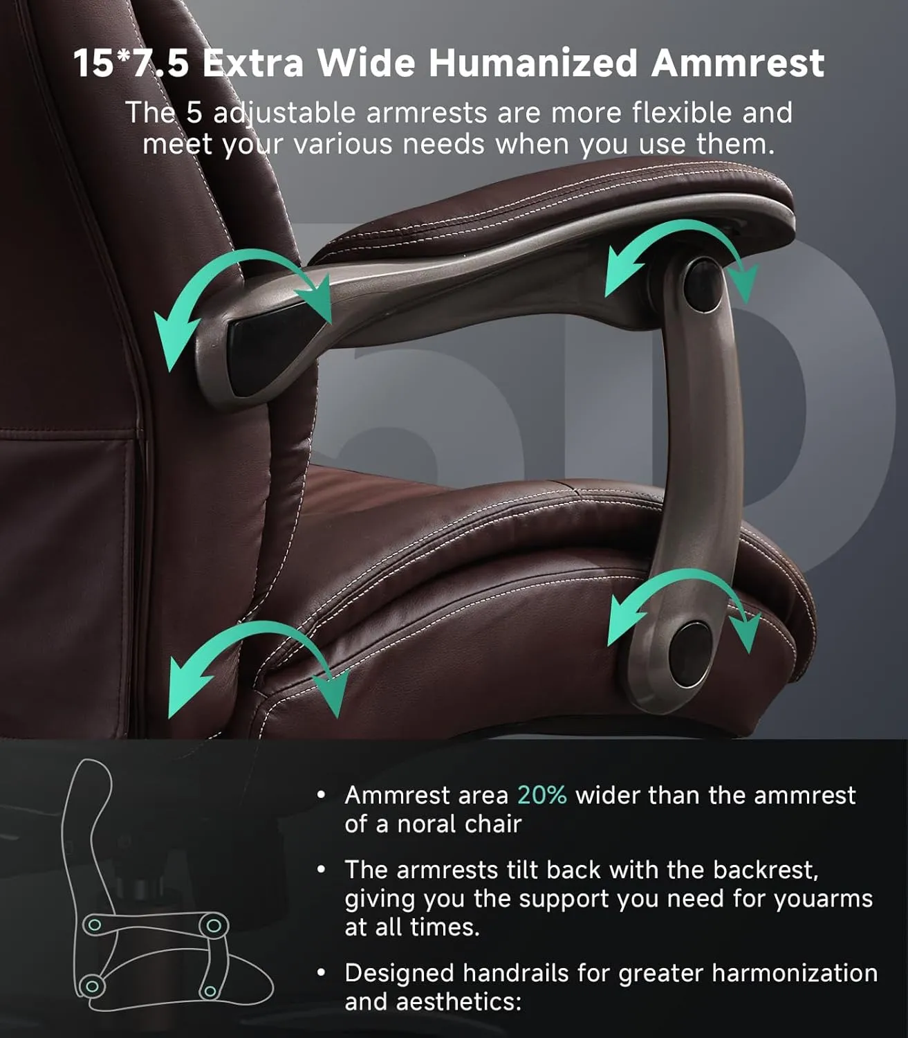 Big and Tall Office Chair with Wide Area Armrest, 600LBS PU Leather Executive Chair, Adjustable Lumbar Support 3'' Double Space Wheel, Managerial Home Desk Heavy Duty Office Chair