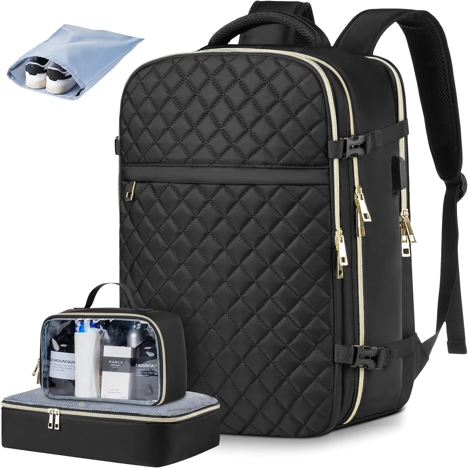 Big Size Travel Backpack Women, Flight Approved Carry on Backpack, Water Resistant Anti-Theft Casual Daypack School Bag Fit 17 Inch Laptop with USB Charging Port, Black