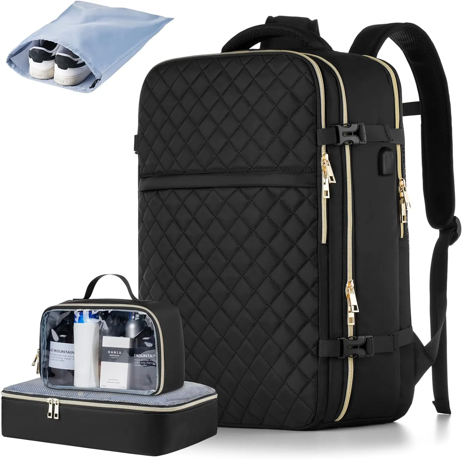 Big Size Travel Backpack Women, Flight Approved Carry on Backpack, Water Resistant Anti-Theft Casual Daypack School Bag Fit 17 Inch Laptop with USB Charging Port, Black