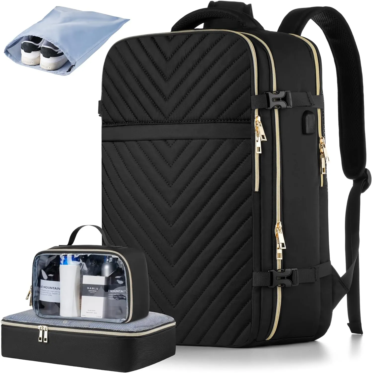Big Size Travel Backpack Women, Flight Approved Carry on Backpack, Water Resistant Anti-Theft Casual Daypack School Bag Fit 17 Inch Laptop with USB Charging Port, Black
