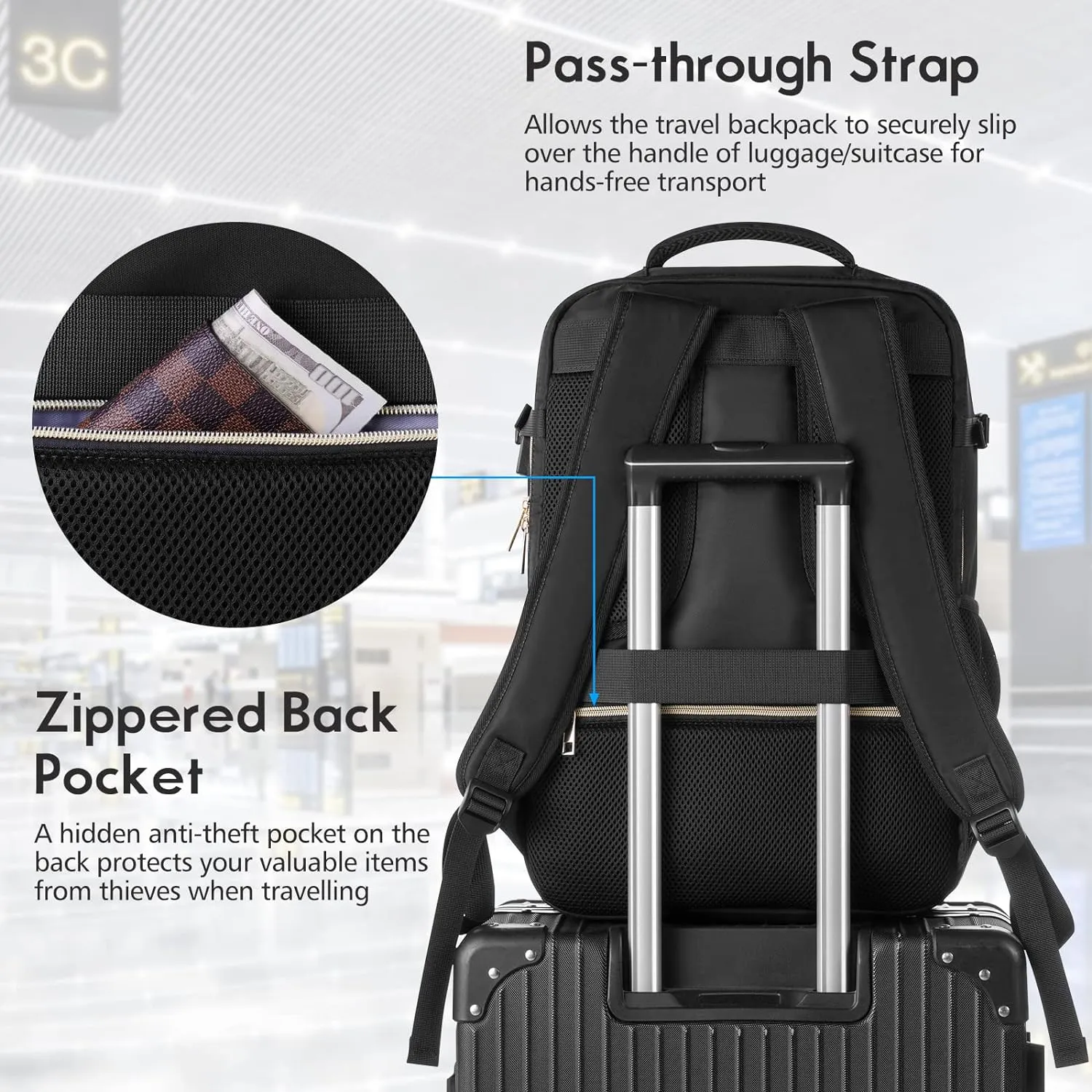 Big Size Travel Backpack Women, Flight Approved Carry on Backpack, Water Resistant Anti-Theft Casual Daypack School Bag Fit 17 Inch Laptop with USB Charging Port, Black