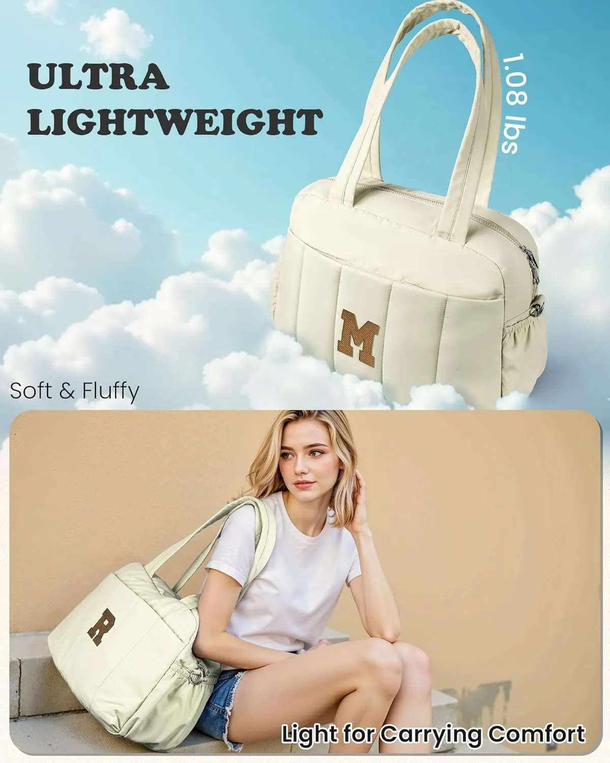 Birthday Gift Ideas for Women, Initial Duffel Bag for Her, Personalized Weekender Bag, Monogram Overnight Bag for Women, Travel Bag with Makeup Bag, Friend Gift Easter Gift (Letter W)