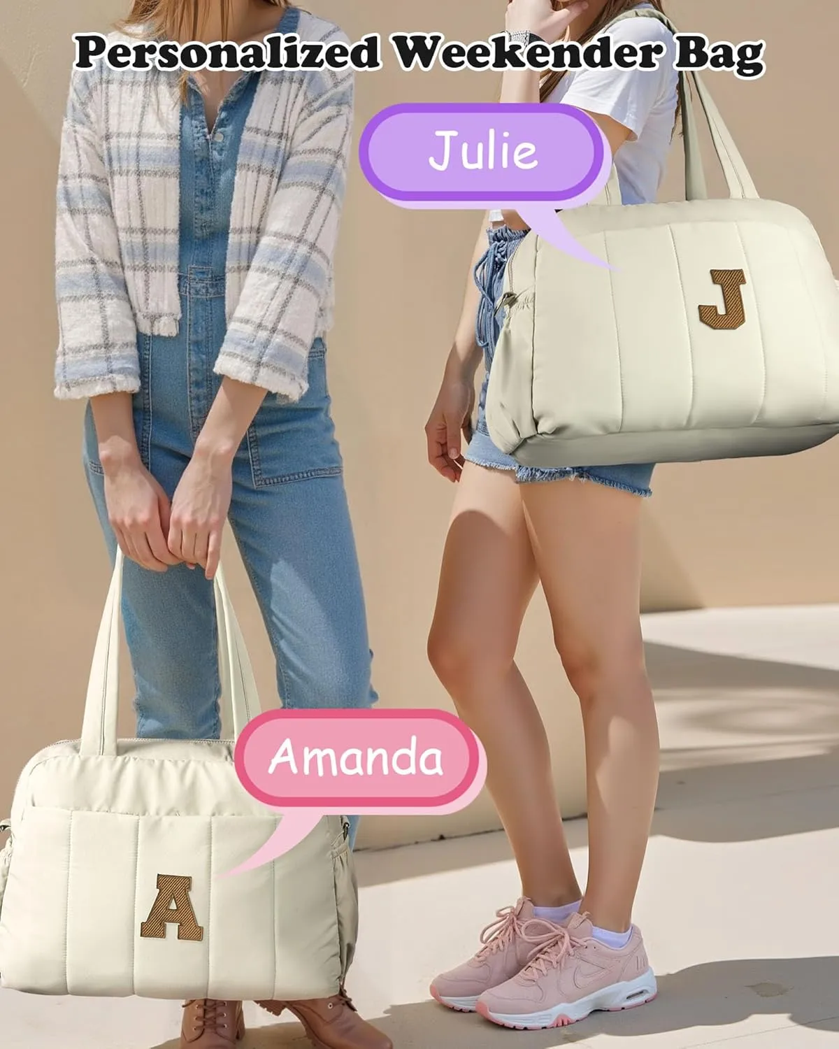 Birthday Gift Ideas for Women, Initial Duffel Bag for Her, Personalized Weekender Bag, Monogram Overnight Bag for Women, Travel Bag with Makeup Bag, Friend Gift Easter Gift (Letter W)