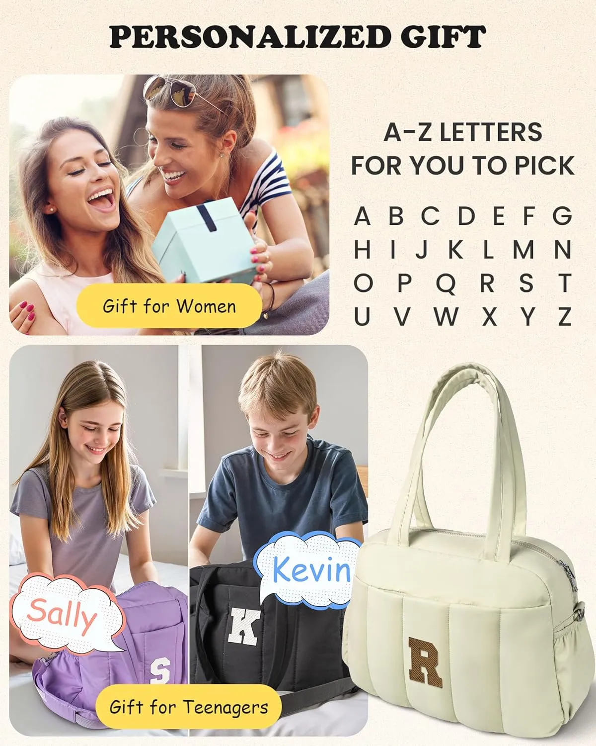 Birthday Gift Ideas for Women, Initial Duffel Bag for Her, Personalized Weekender Bag, Monogram Overnight Bag for Women, Travel Bag with Makeup Bag, Friend Gift Easter Gift (Letter W)