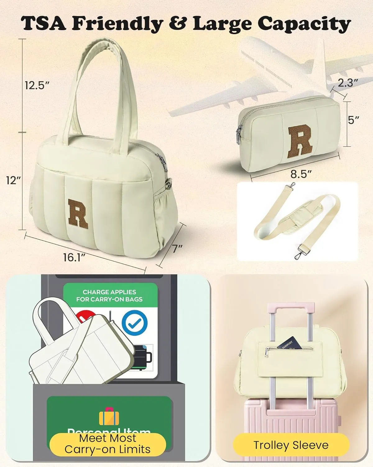 Birthday Gift Ideas for Women, Initial Duffel Bag for Her, Personalized Weekender Bag, Monogram Overnight Bag for Women, Travel Bag with Makeup Bag, Friend Gift Easter Gift (Letter W)