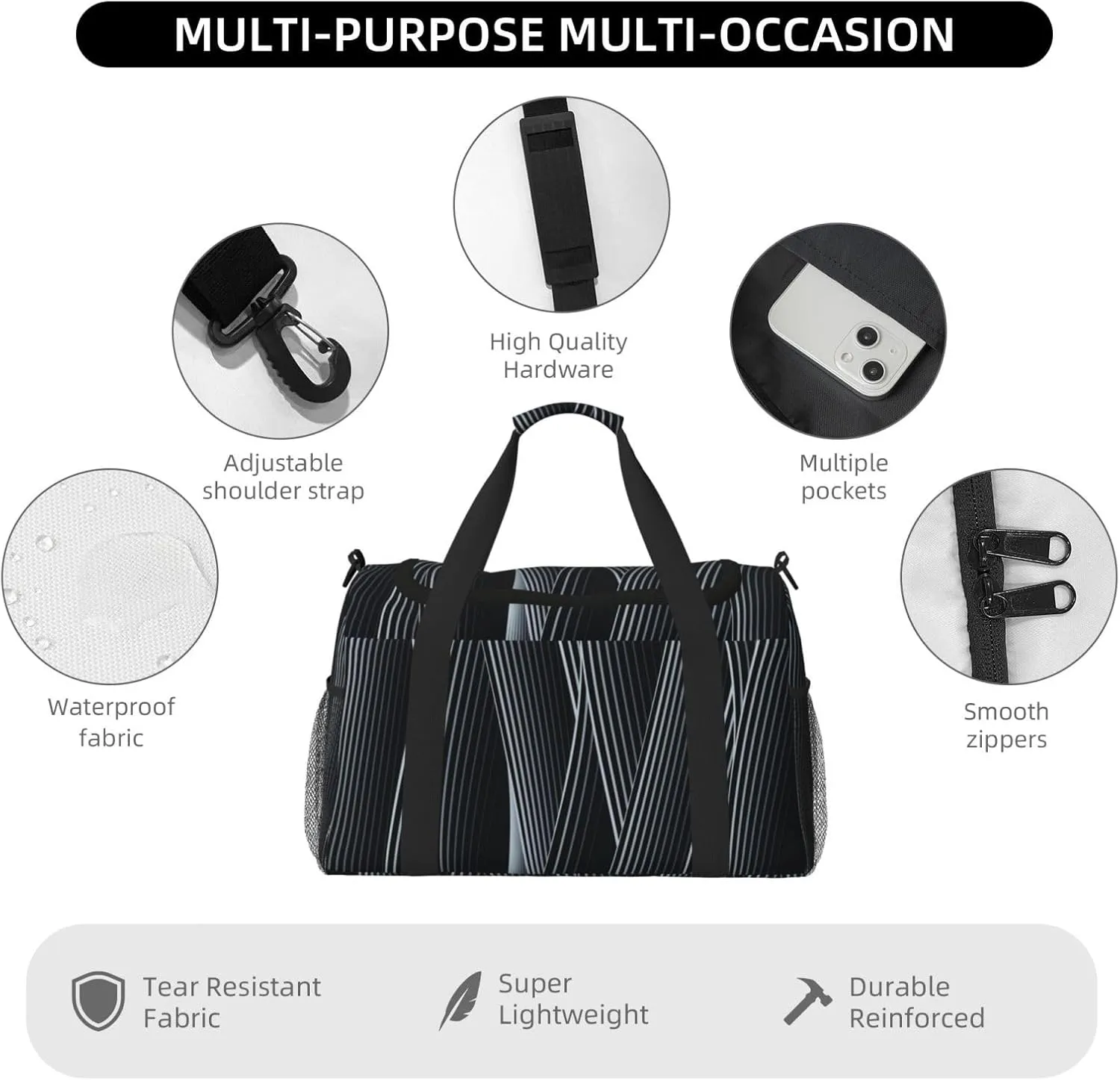 Black And White Line Travel Duffel Bag Large Foldable Waterproof Overnight Bag For Beach Swim Bags Pool Sports Gym