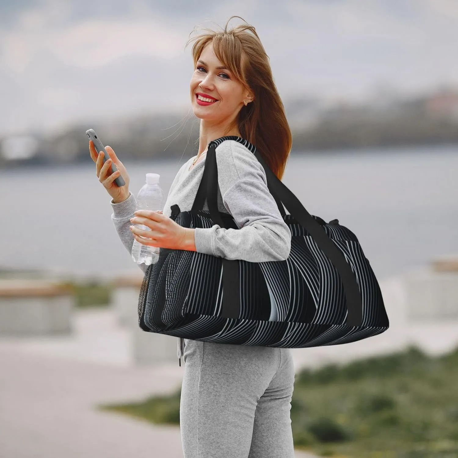 Black And White Line Travel Duffel Bag Large Foldable Waterproof Overnight Bag For Beach Swim Bags Pool Sports Gym