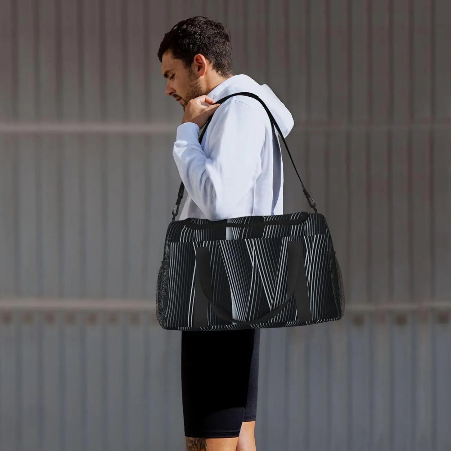 Black And White Line Travel Duffel Bag Large Foldable Waterproof Overnight Bag For Beach Swim Bags Pool Sports Gym