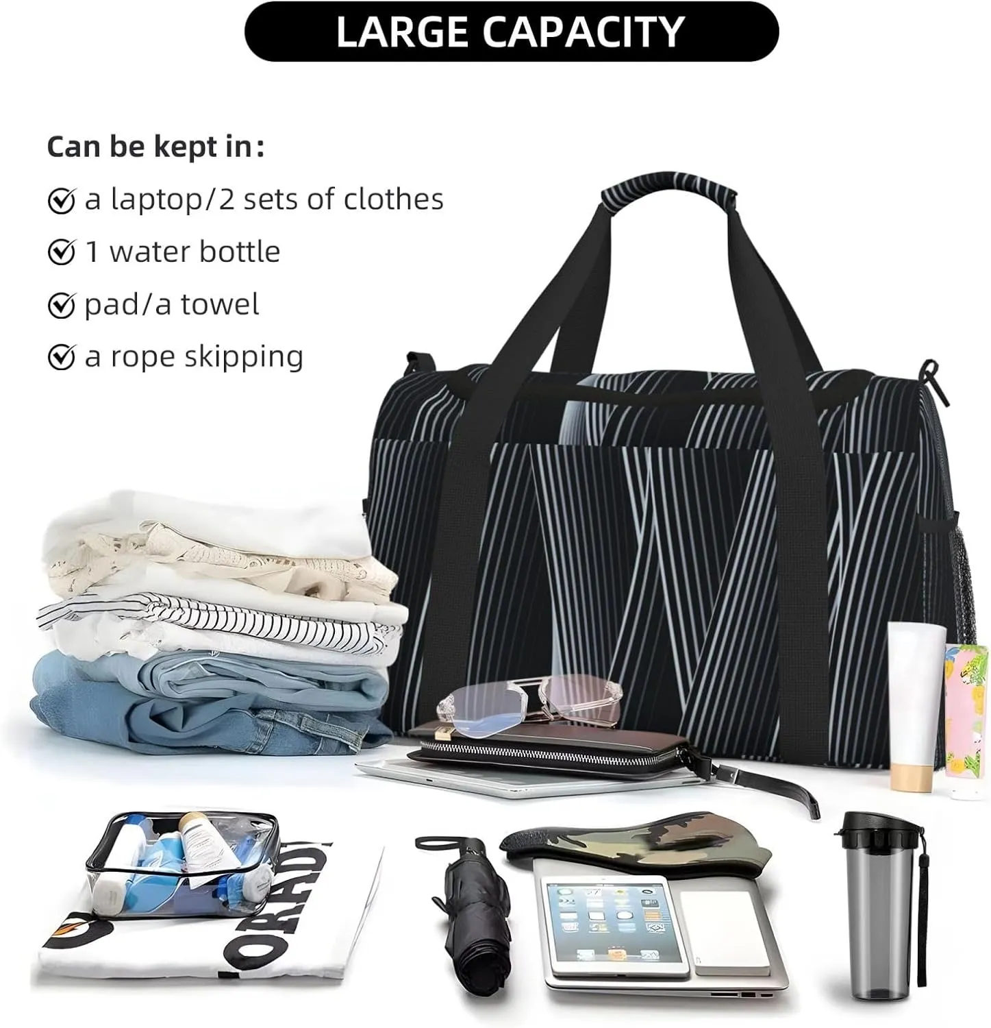 Black And White Line Travel Duffel Bag Large Foldable Waterproof Overnight Bag For Beach Swim Bags Pool Sports Gym