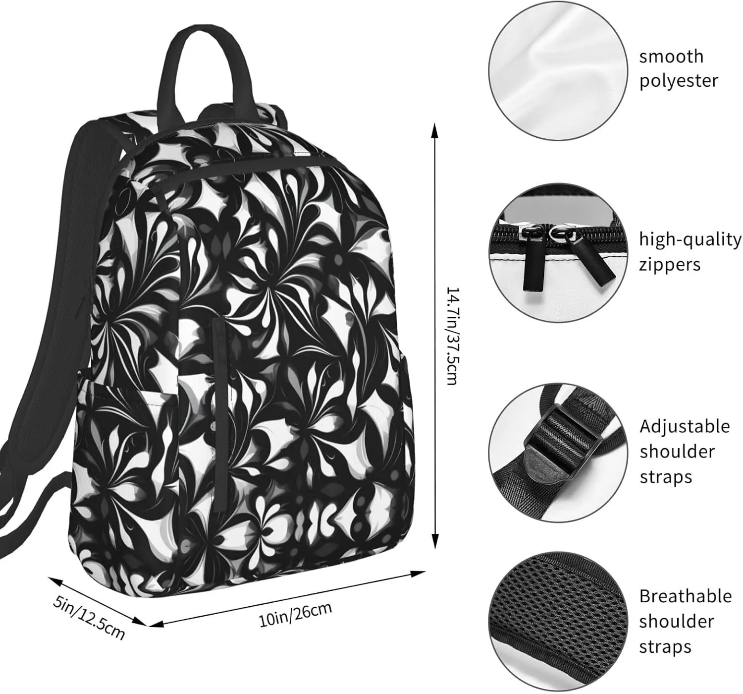 Black and white patterns print Lightweight Laptop Backpack Travel Daypack Bookbag for Women Men for Travel Work