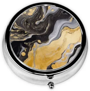 Black Golden Marble Ink Pill Box Round Pill Case for Pocket Purse 3 Compartment Medicine Pill Organizer Cute Portable Travel Pillbox Vitamin Cod Liver Oil Storage Box Unique Gift Organizer