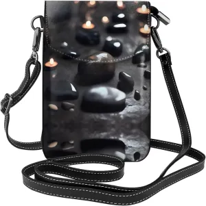 Black Mystery Heart Stone Prints Leather Crossbody Flap Phone Bag - Versatile Gift for Women Walking, Camping, Shopping, and Travel