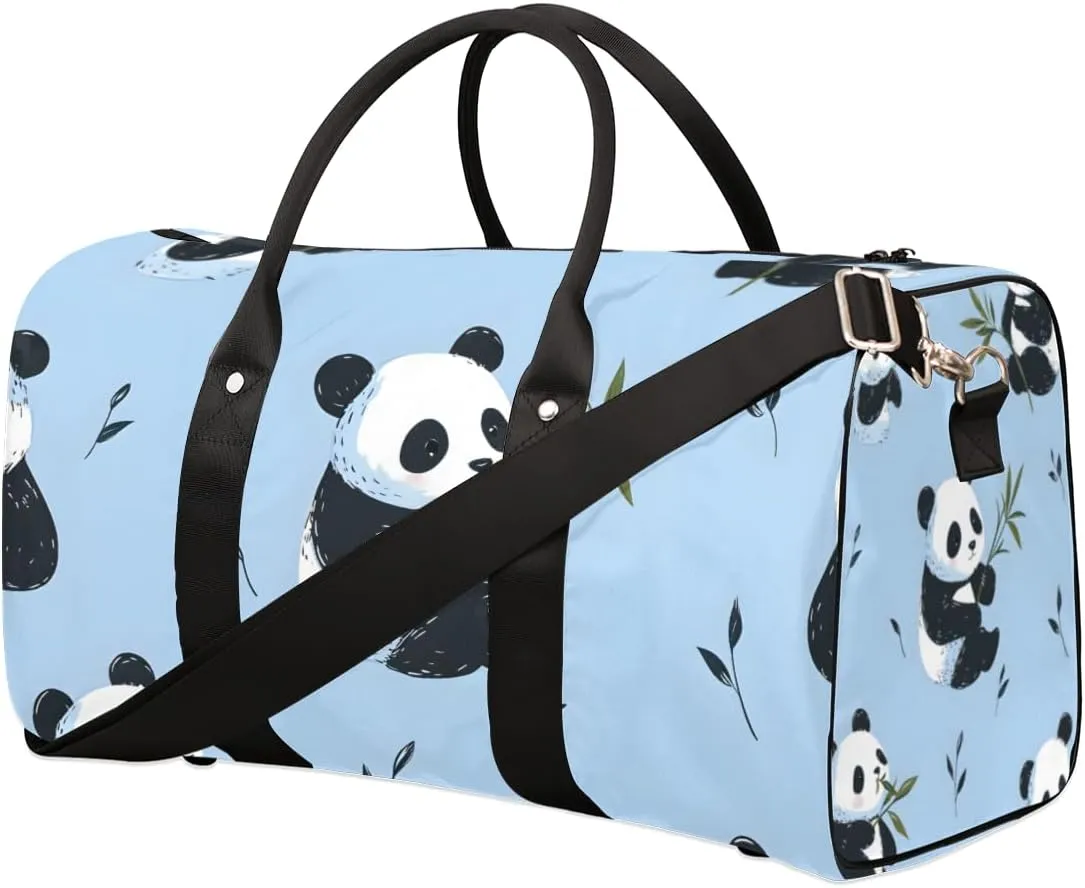 Black White Panda Travel Duffle Bag for Women Men Gym Duffel Foldable Bag Waterproof Weekender Green Leaves Duffle Tote