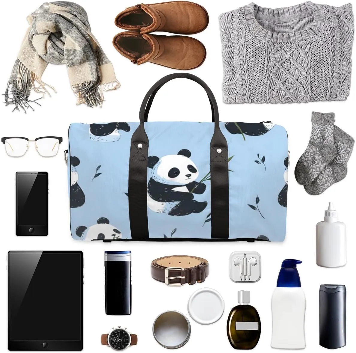 Black White Panda Travel Duffle Bag for Women Men Gym Duffel Foldable Bag Waterproof Weekender Green Leaves Duffle Tote