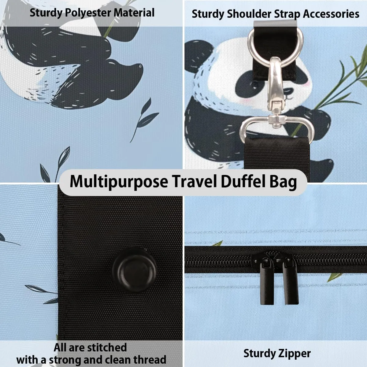Black White Panda Travel Duffle Bag for Women Men Gym Duffel Foldable Bag Waterproof Weekender Green Leaves Duffle Tote