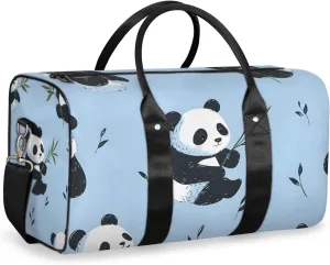 Black White Panda Travel Duffle Bag for Women Men Gym Duffel Foldable Bag Waterproof Weekender Green Leaves Duffle Tote