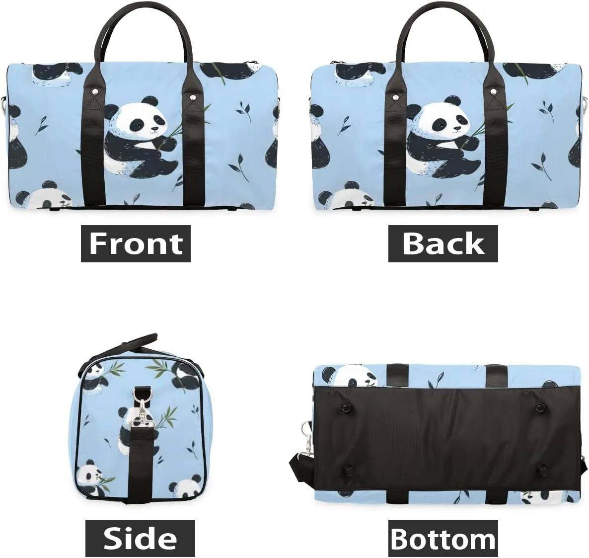 Black White Panda Travel Duffle Bag for Women Men Gym Duffel Foldable Bag Waterproof Weekender Green Leaves Duffle Tote