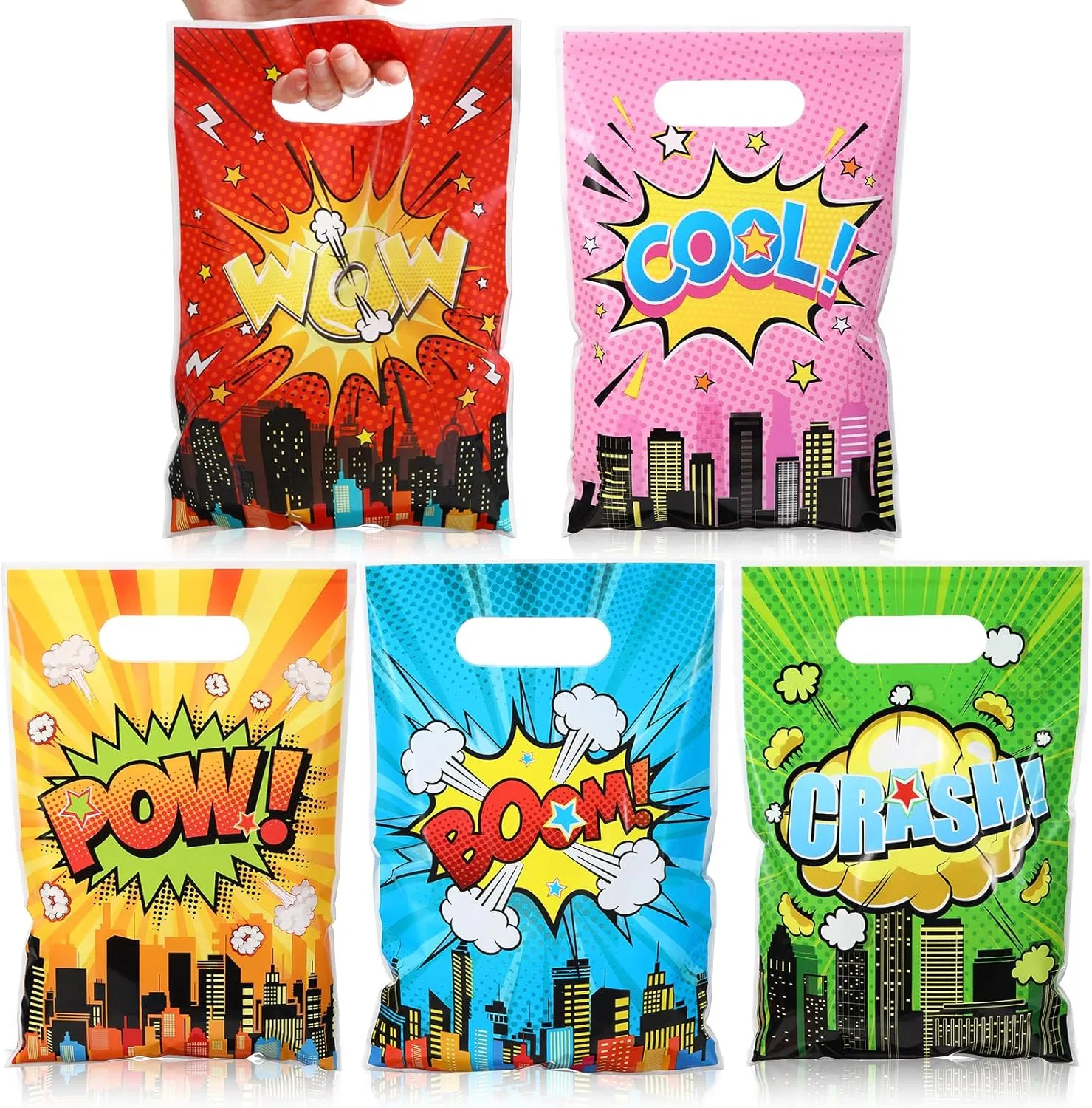 Blosssound 120 Pcs Hero Party Gift Bags Hero Birthday Favor Bags Hero Themed Candy Bags Comic Hero Party Goodie Bags for Boys Girls Boom Hero Theme Birthday Baby Shower Party Supplies Decorations