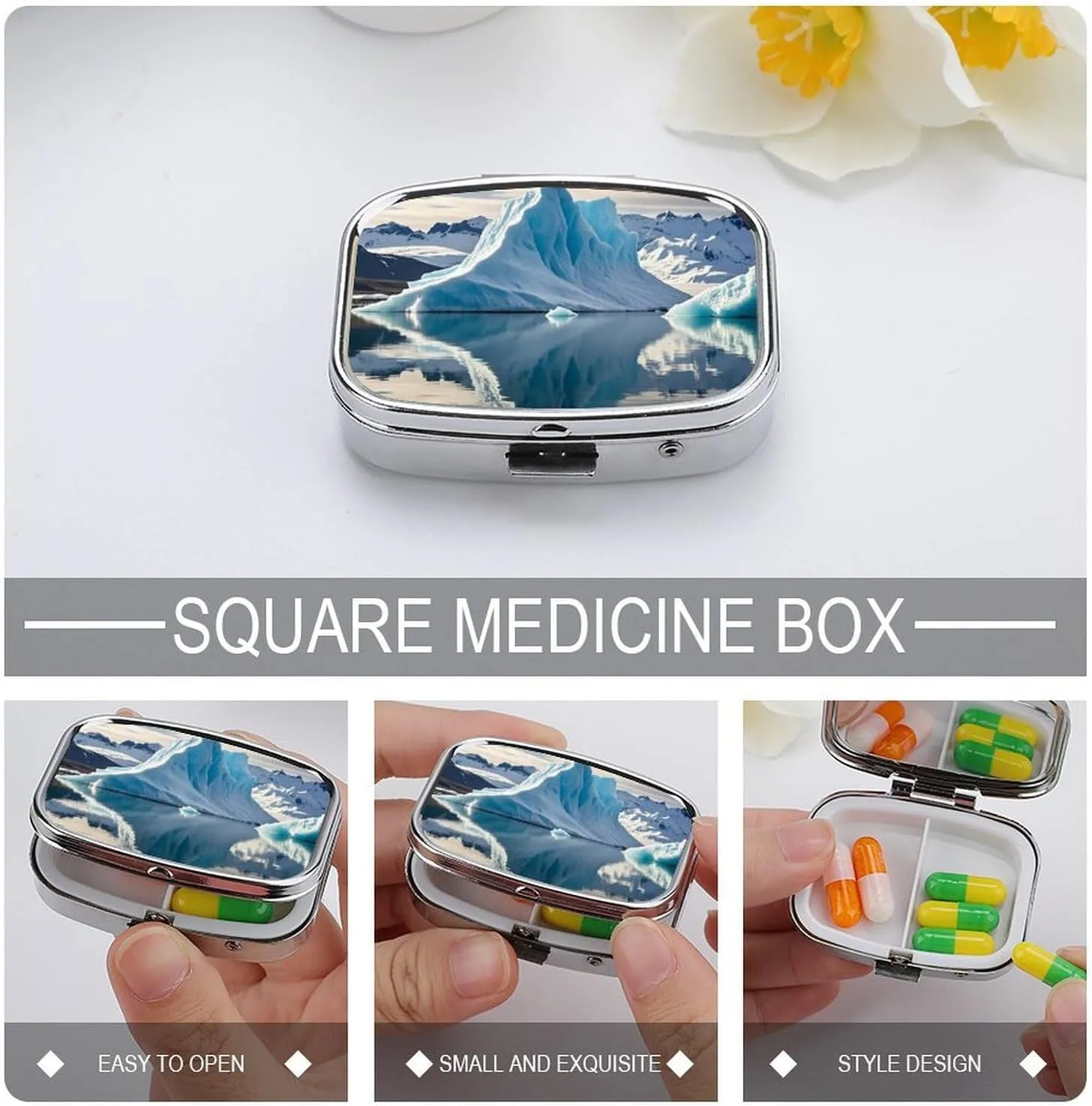 Blue Iceberg Pill Box, 2 Compartment Medicine Pill Case, Portable Pill Organizer for Pocket Or Purse Decorative Metal Medicine Vitamin Organizer
