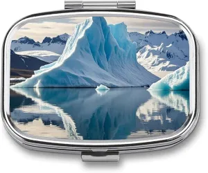Blue Iceberg Pill Box, 2 Compartment Medicine Pill Case, Portable Pill Organizer for Pocket Or Purse Decorative Metal Medicine Vitamin Organizer