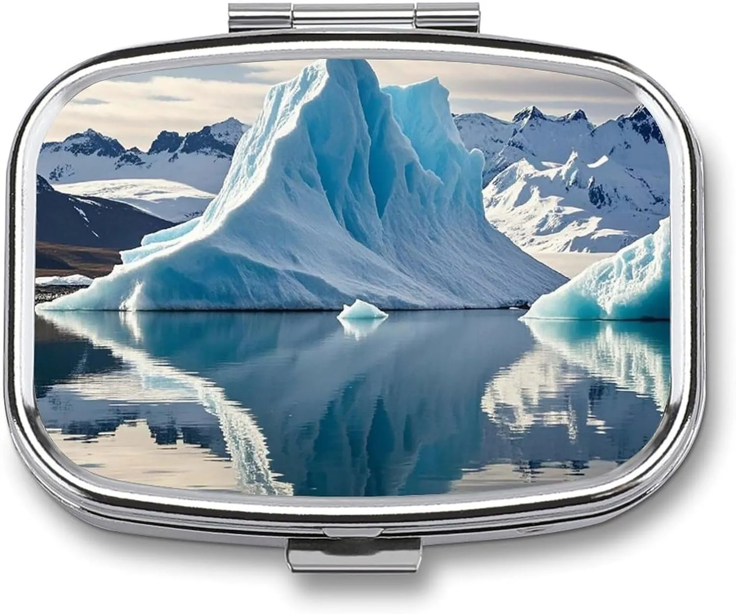 Blue Iceberg Pill Box, 2 Compartment Medicine Pill Case, Portable Pill Organizer for Pocket Or Purse Decorative Metal Medicine Vitamin Organizer