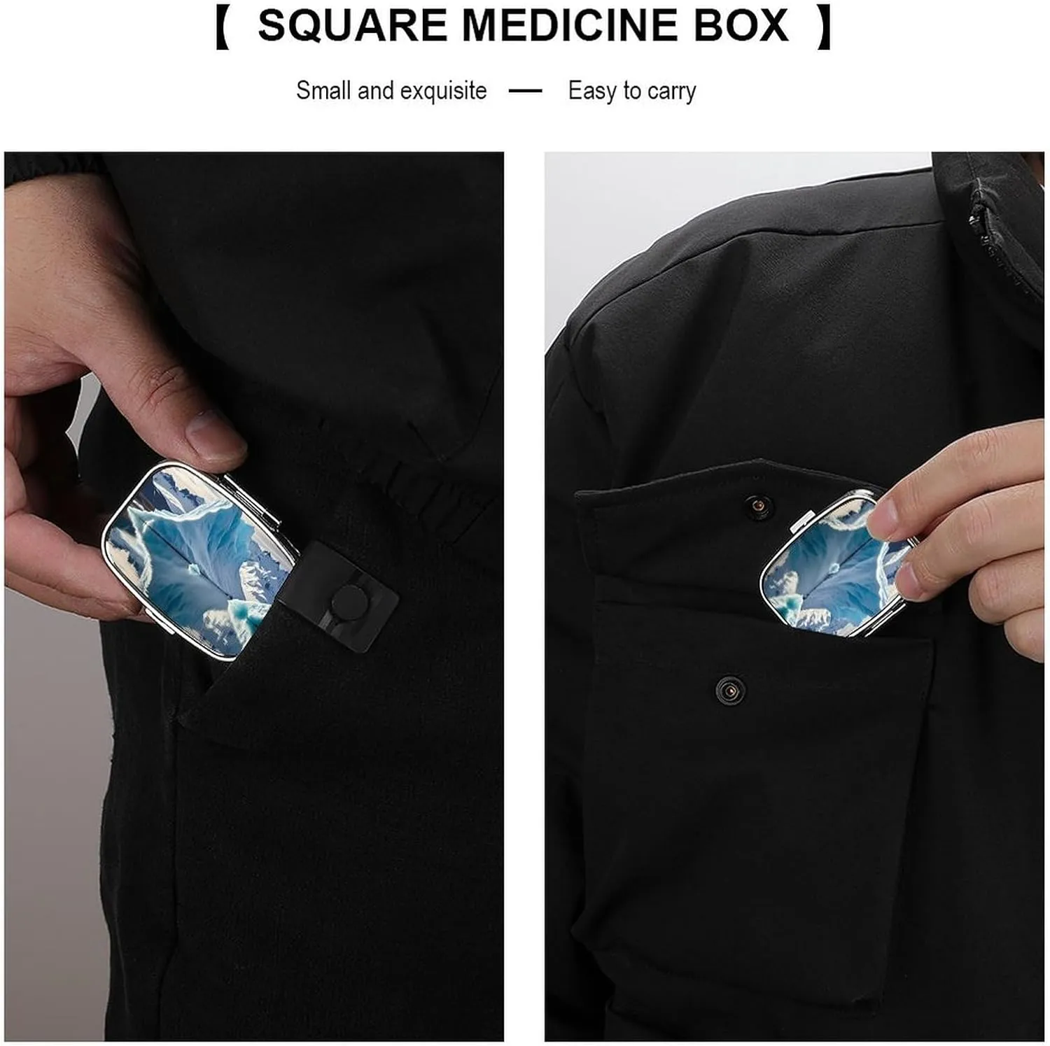 Blue Iceberg Pill Box, 2 Compartment Medicine Pill Case, Portable Pill Organizer for Pocket Or Purse Decorative Metal Medicine Vitamin Organizer