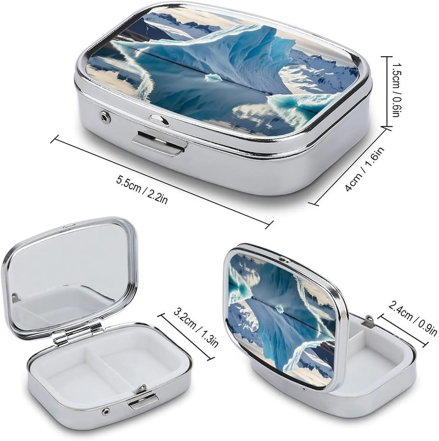 Blue Iceberg Pill Box, 2 Compartment Medicine Pill Case, Portable Pill Organizer for Pocket Or Purse Decorative Metal Medicine Vitamin Organizer
