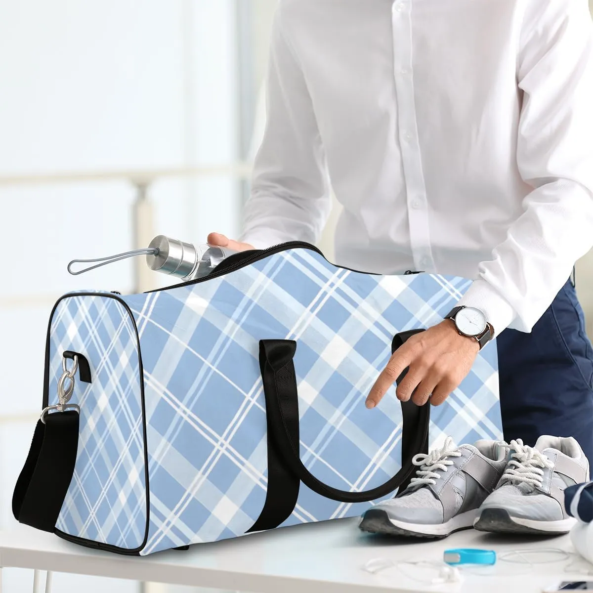 Blue Plaid Travel Duffle Bag for Women Men Gym Duffel Foldable Bag Waterproof Weekender Cute Retro Duffle Tote