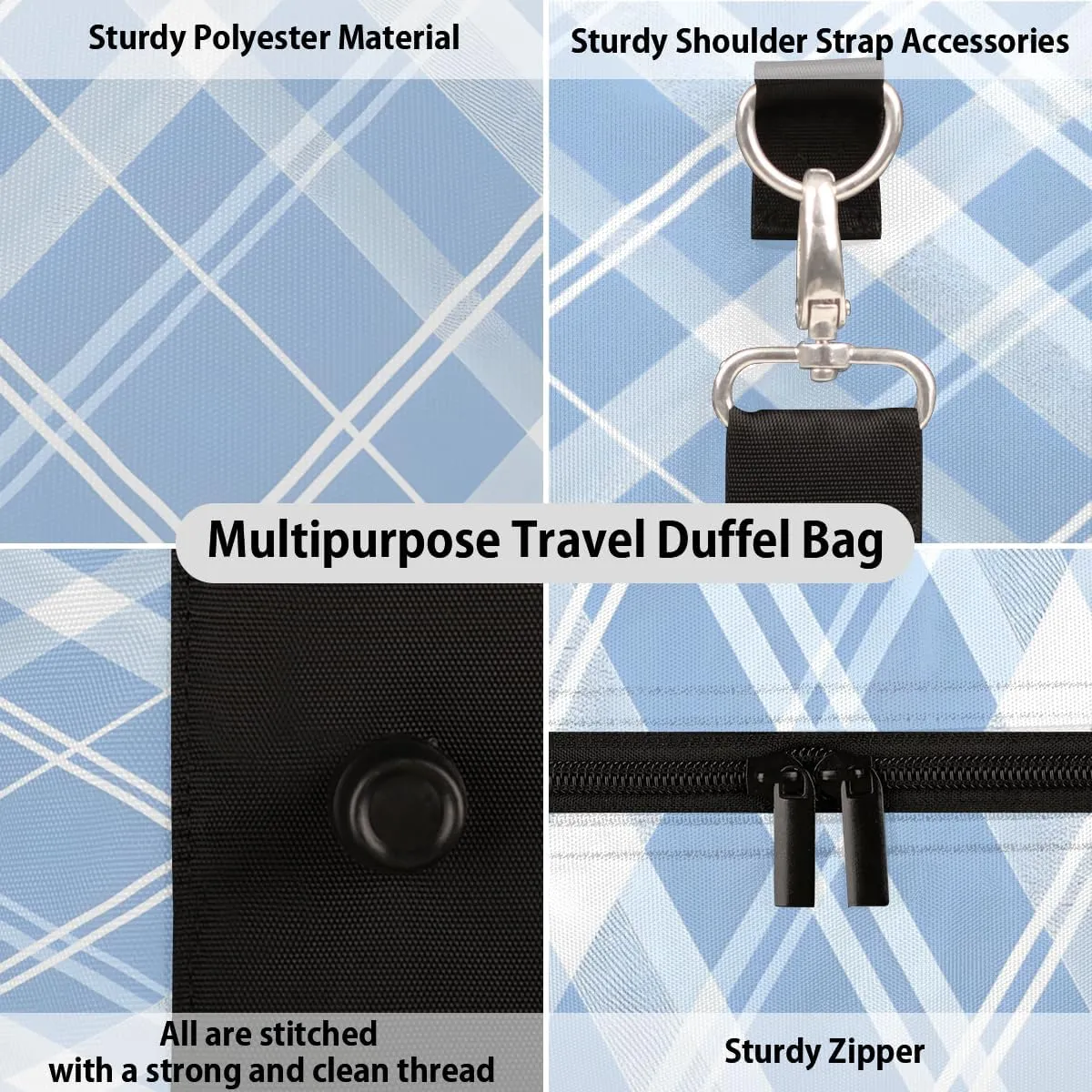 Blue Plaid Travel Duffle Bag for Women Men Gym Duffel Foldable Bag Waterproof Weekender Cute Retro Duffle Tote