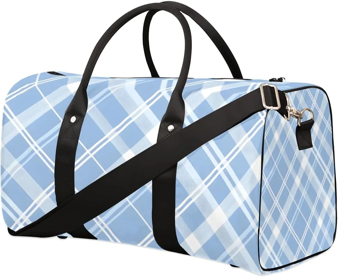Blue Plaid Travel Duffle Bag for Women Men Gym Duffel Foldable Bag Waterproof Weekender Cute Retro Duffle Tote