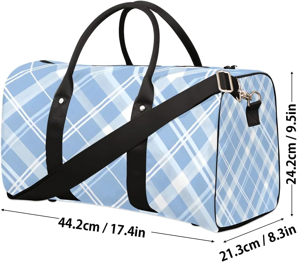 Blue Plaid Travel Duffle Bag for Women Men Gym Duffel Foldable Bag Waterproof Weekender Cute Retro Duffle Tote