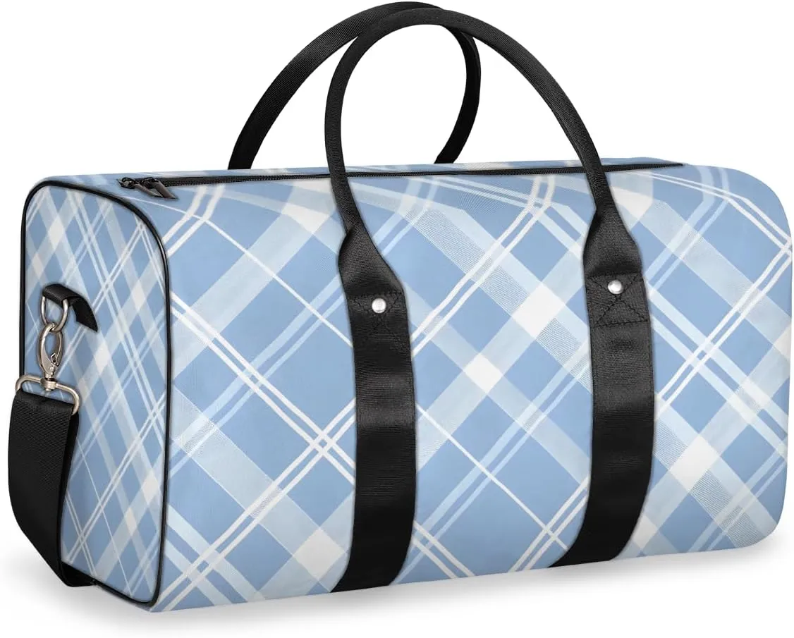 Blue Plaid Travel Duffle Bag for Women Men Gym Duffel Foldable Bag Waterproof Weekender Cute Retro Duffle Tote