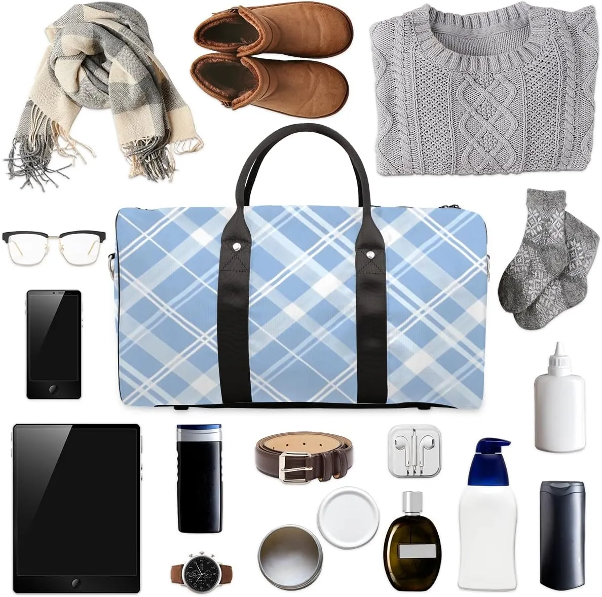 Blue Plaid Travel Duffle Bag for Women Men Gym Duffel Foldable Bag Waterproof Weekender Cute Retro Duffle Tote