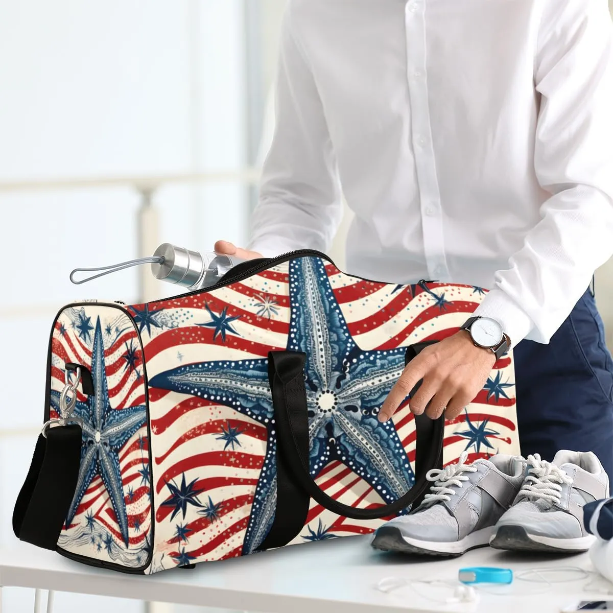 Blue Starfish Travel Duffle Bag for Women Men Gym Duffel Foldable Bag Waterproof Weekender American Flag Duffle Tote