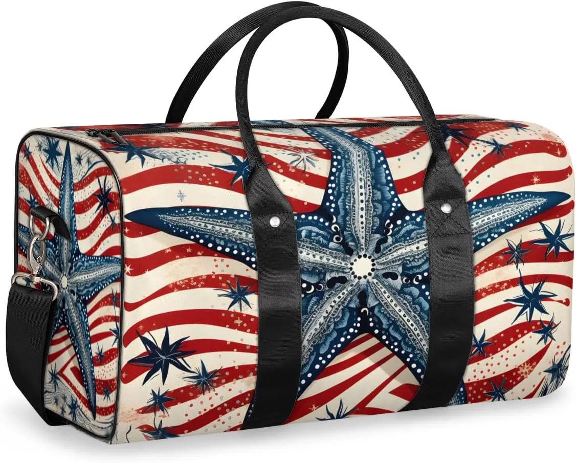 Blue Starfish Travel Duffle Bag for Women Men Gym Duffel Foldable Bag Waterproof Weekender American Flag Duffle Tote