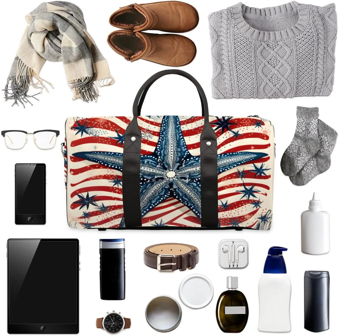 Blue Starfish Travel Duffle Bag for Women Men Gym Duffel Foldable Bag Waterproof Weekender American Flag Duffle Tote