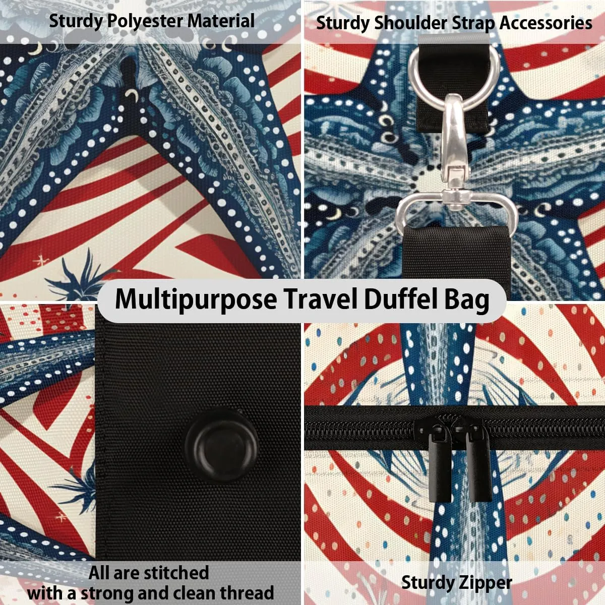 Blue Starfish Travel Duffle Bag for Women Men Gym Duffel Foldable Bag Waterproof Weekender American Flag Duffle Tote