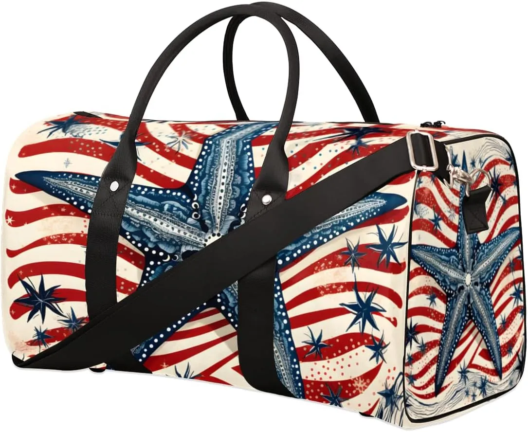 Blue Starfish Travel Duffle Bag for Women Men Gym Duffel Foldable Bag Waterproof Weekender American Flag Duffle Tote
