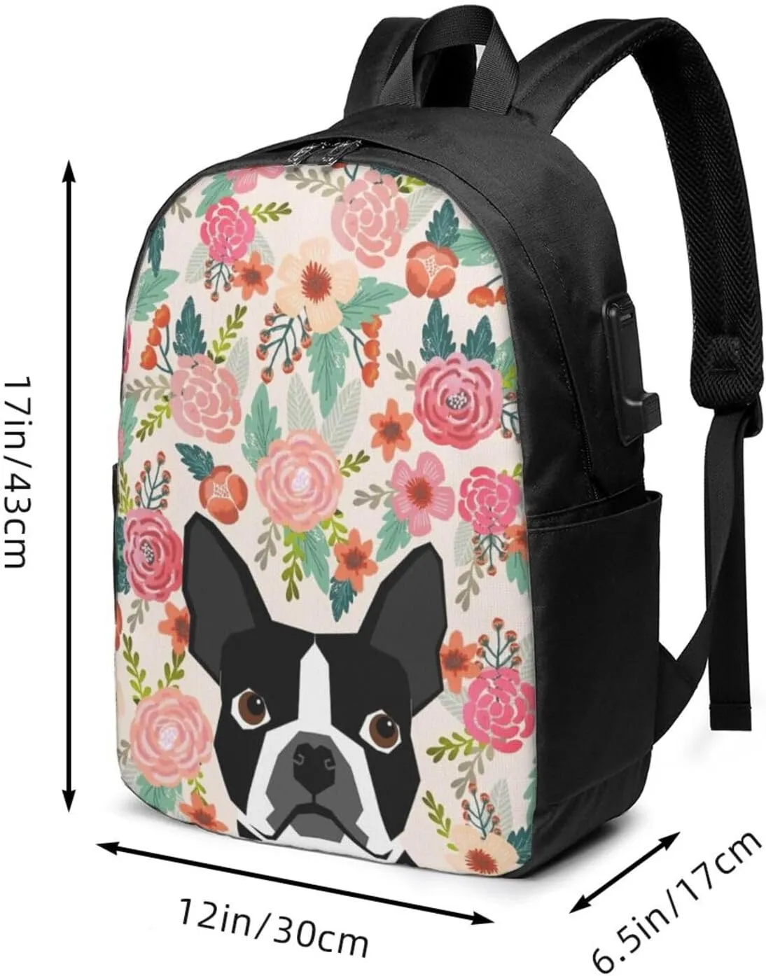 Boston Terrier Dog Backpack, 17 Inch Travel Business Laptop Backpack With USB Port for Women Men