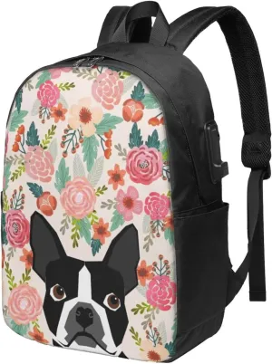 Boston Terrier Dog Backpack, 17 Inch Travel Business Laptop Backpack With USB Port for Women Men