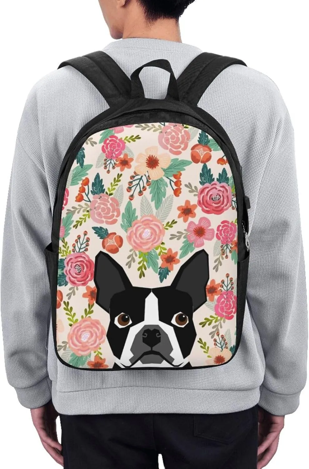 Boston Terrier Dog Backpack, 17 Inch Travel Business Laptop Backpack With USB Port for Women Men